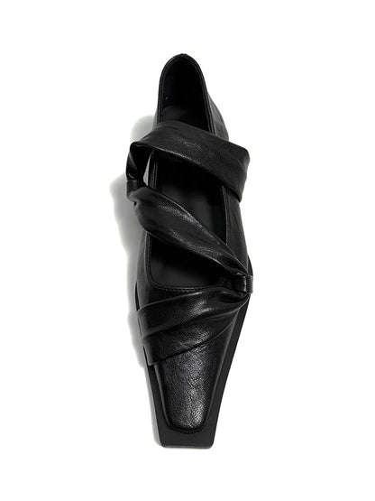 Black Knotted Square-Toe Leather Flats