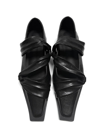 Black Knotted Square-Toe Leather Flats