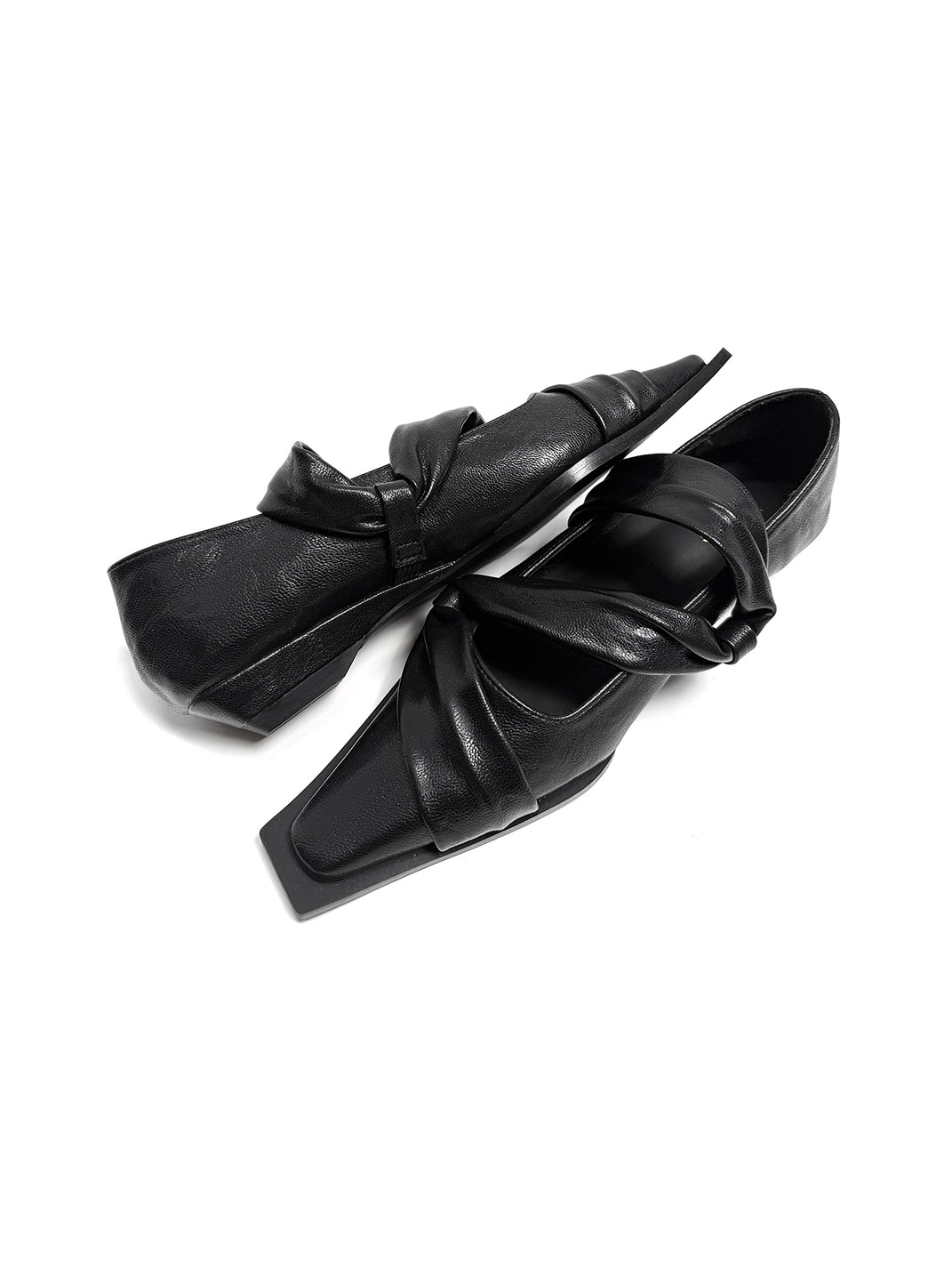 Black Knotted Square-Toe Leather Flats