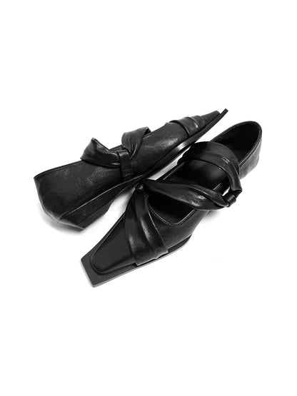 Black Knotted Square-Toe Leather Flats