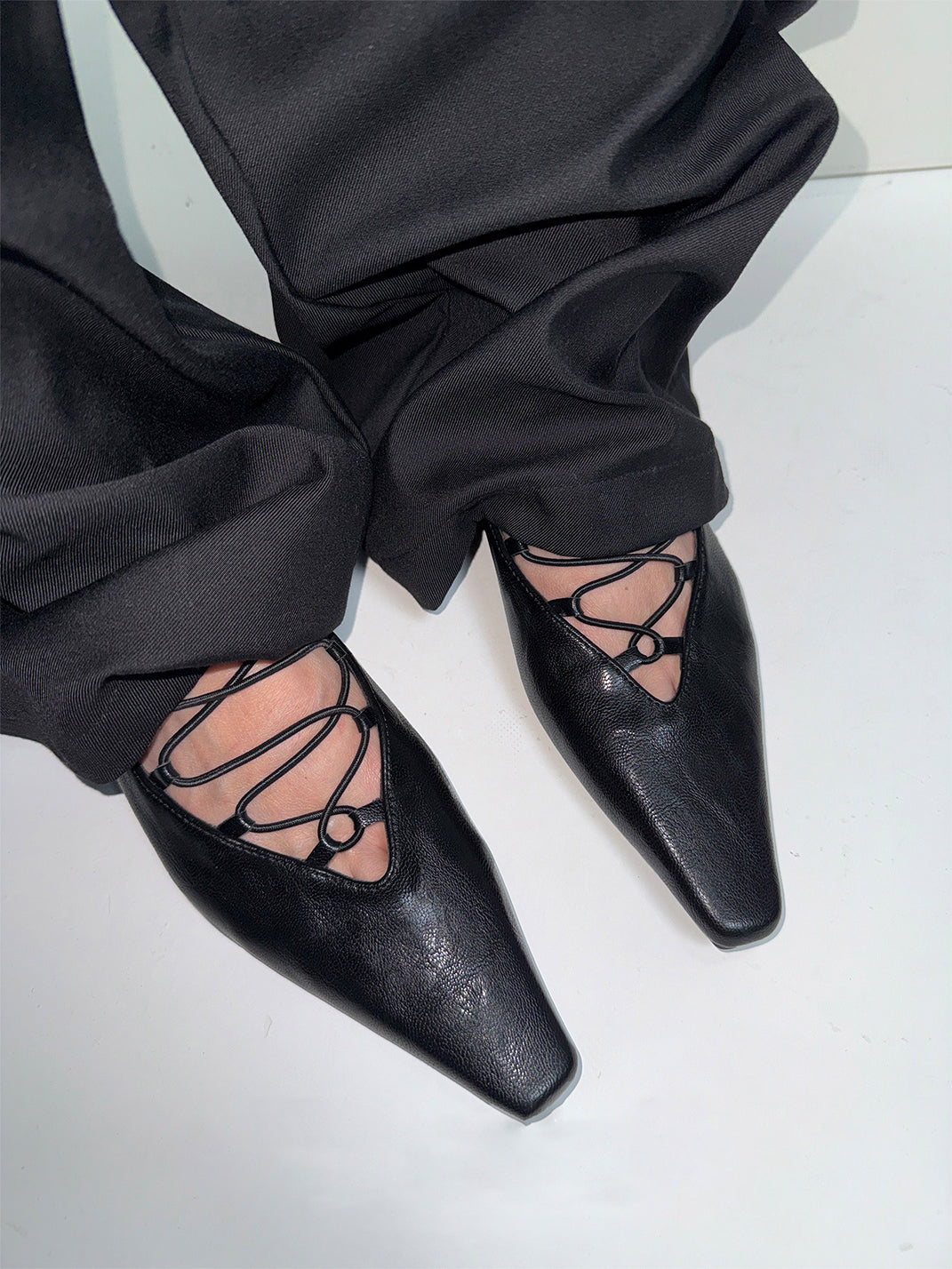 Black Lace-Up Mary Jane Ballet Flats