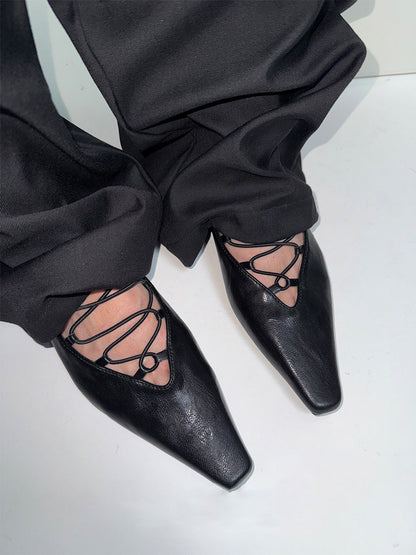 Black Lace-Up Mary Jane Ballet Flats