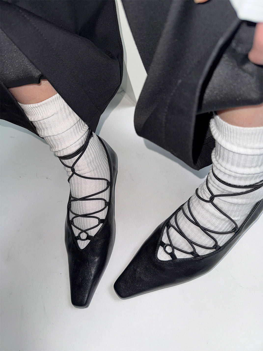 Black Lace-Up Mary Jane Ballet Flats