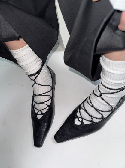 Black Lace-Up Mary Jane Ballet Flats