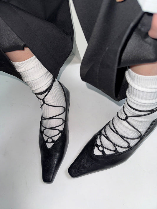 Black Lace-Up Mary Jane Ballet Flats