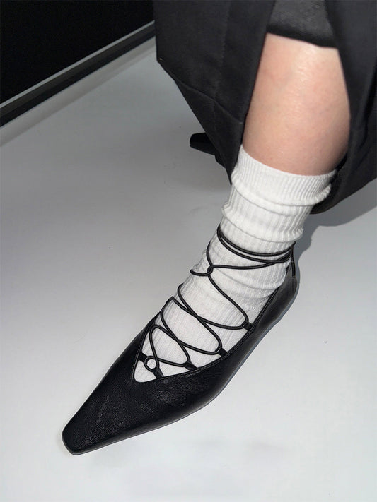 Black Lace-Up Mary Jane Ballet Flats