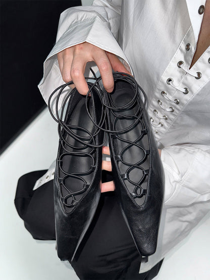 Black Lace-Up Mary Jane Ballet Flats