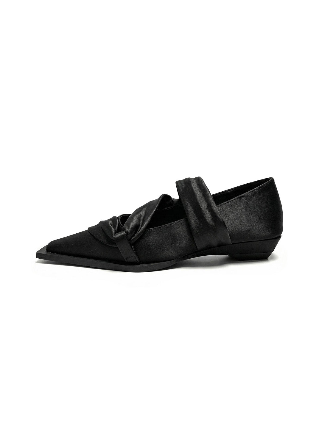 Black Satin Bow Square-Toe Ballet Flats