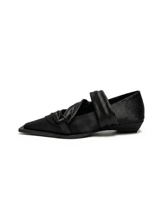Black Satin Bow Square-Toe Ballet Flats