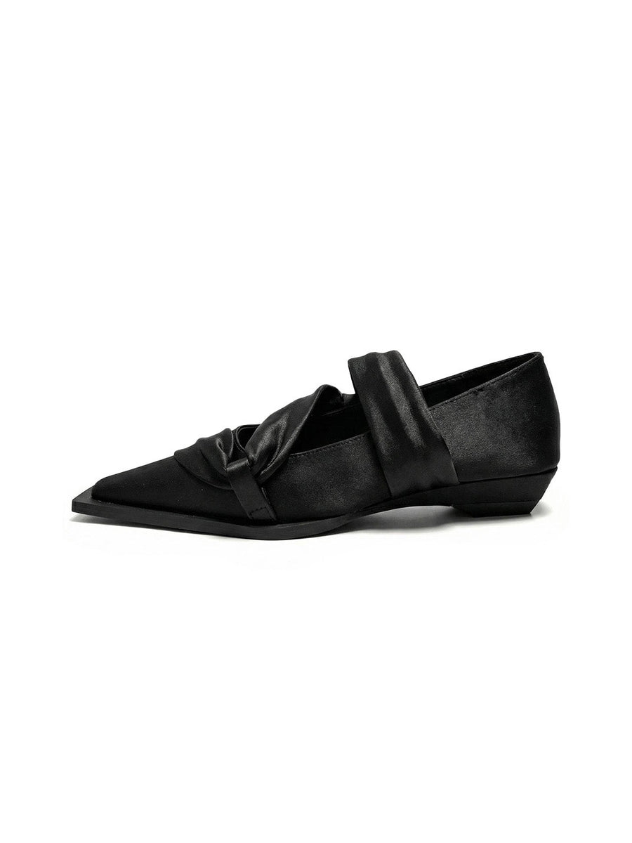 Black Satin Bow Square-Toe Ballet Flats