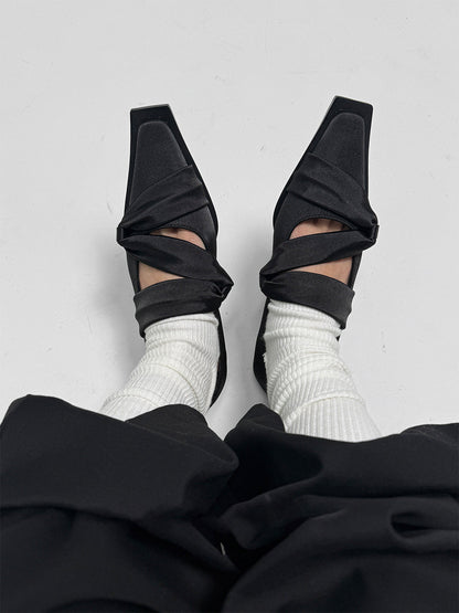 Black Satin Bow Square-Toe Ballet Flats