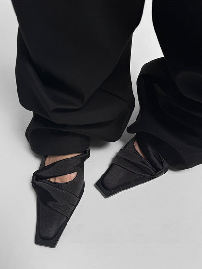 Black Satin Bow Square-Toe Ballet Flats