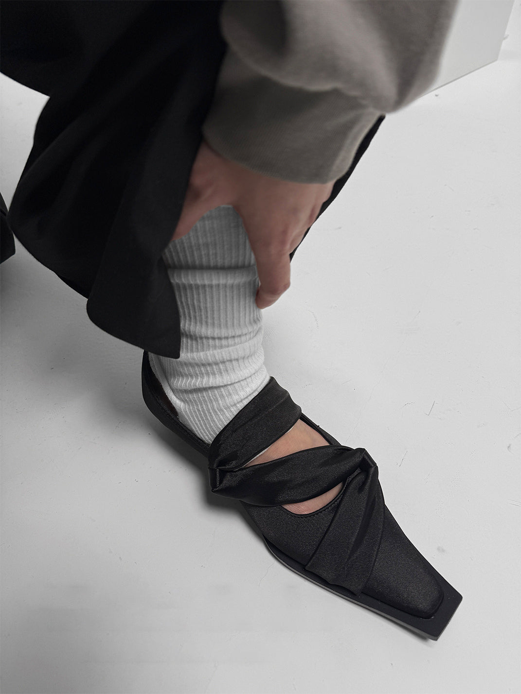 Black Satin Bow Square-Toe Ballet Flats