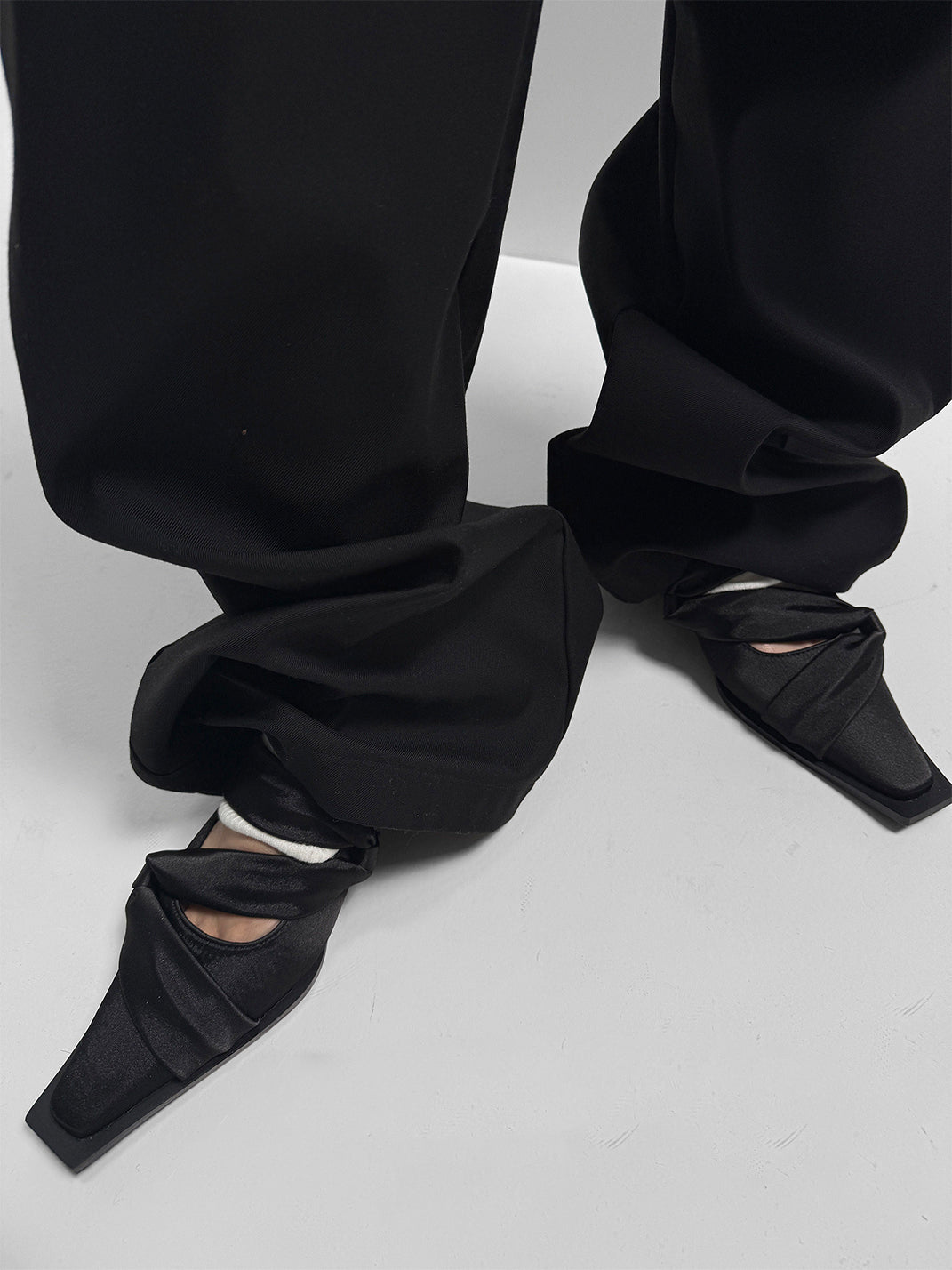 Black Satin Bow Square-Toe Ballet Flats