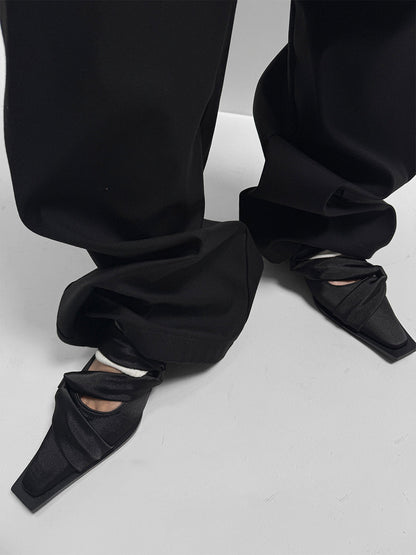 Black Satin Bow Square-Toe Ballet Flats