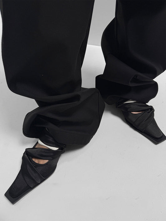 Black Satin Bow Square-Toe Ballet Flats