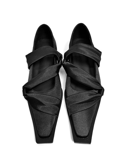 Black Satin Bow Square-Toe Ballet Flats