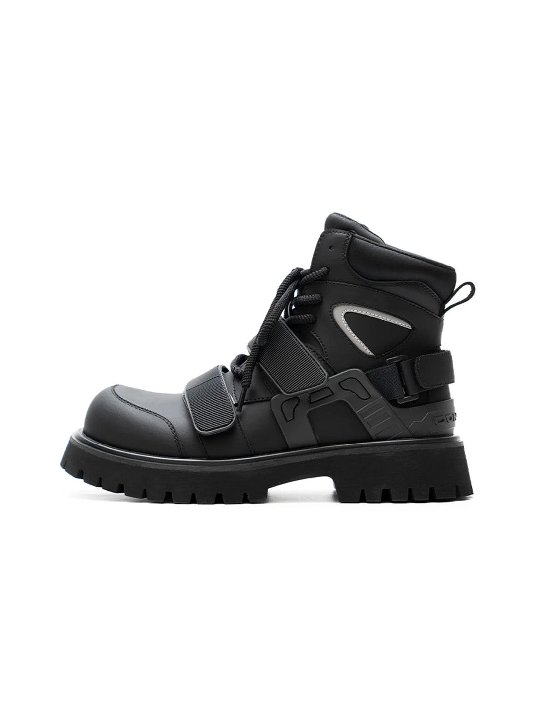 Black Velcro-Strap Lug-Sole Moto Boots