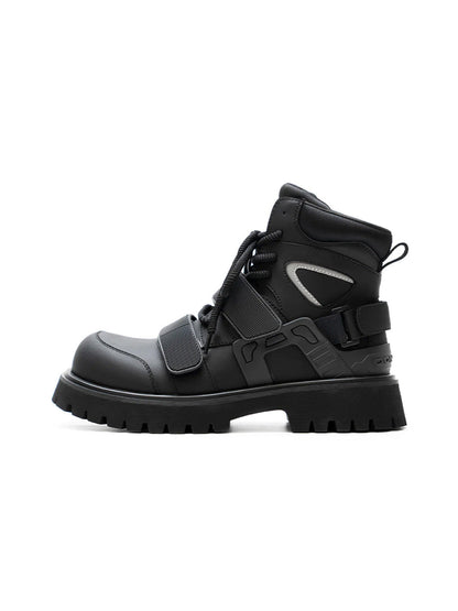 Black Velcro-Strap Lug-Sole Moto Boots