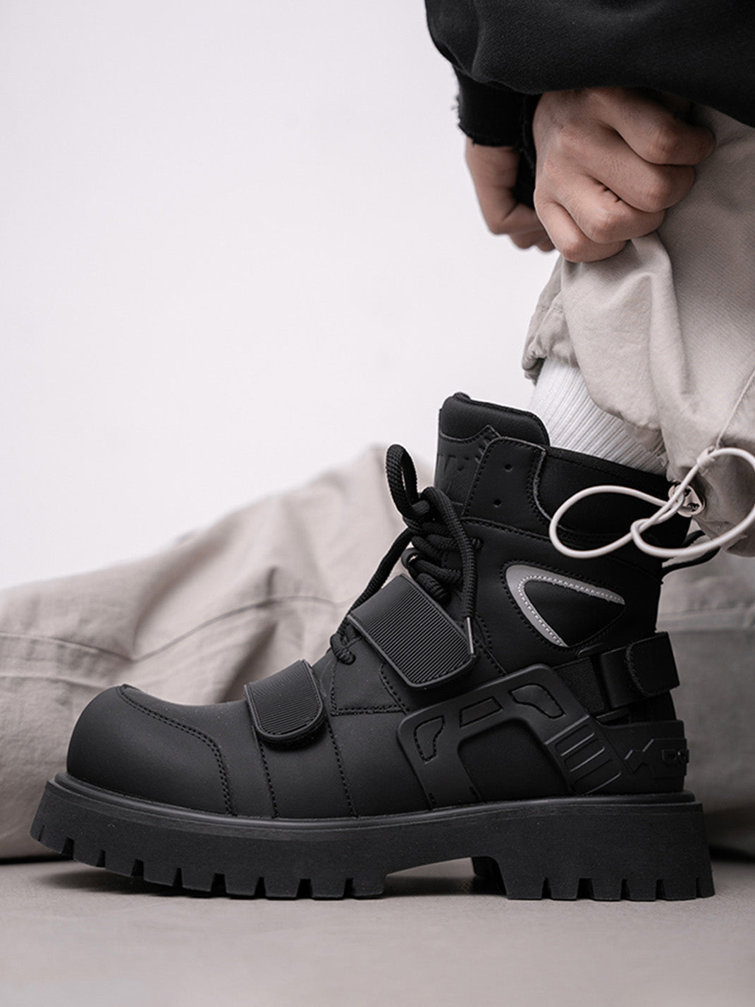 Black Velcro-Strap Lug-Sole Moto Boots