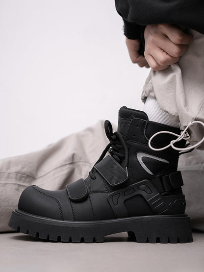 Black Velcro-Strap Lug-Sole Moto Boots