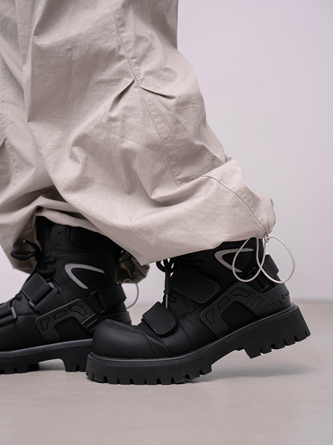Black Velcro-Strap Lug-Sole Moto Boots