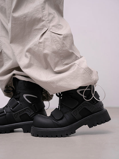 Black Velcro-Strap Lug-Sole Moto Boots