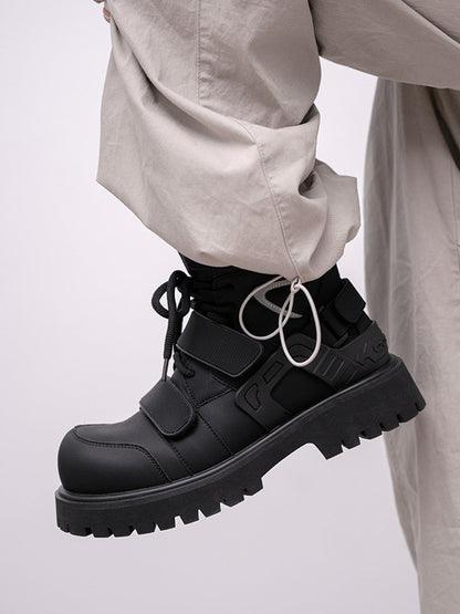 Black Velcro-Strap Lug-Sole Moto Boots
