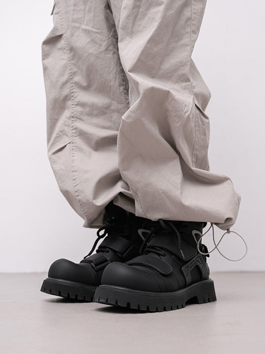 Black Velcro-Strap Lug-Sole Moto Boots