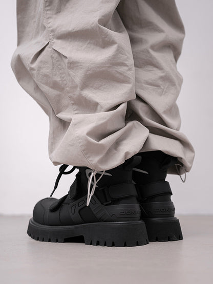 Black Velcro-Strap Lug-Sole Moto Boots