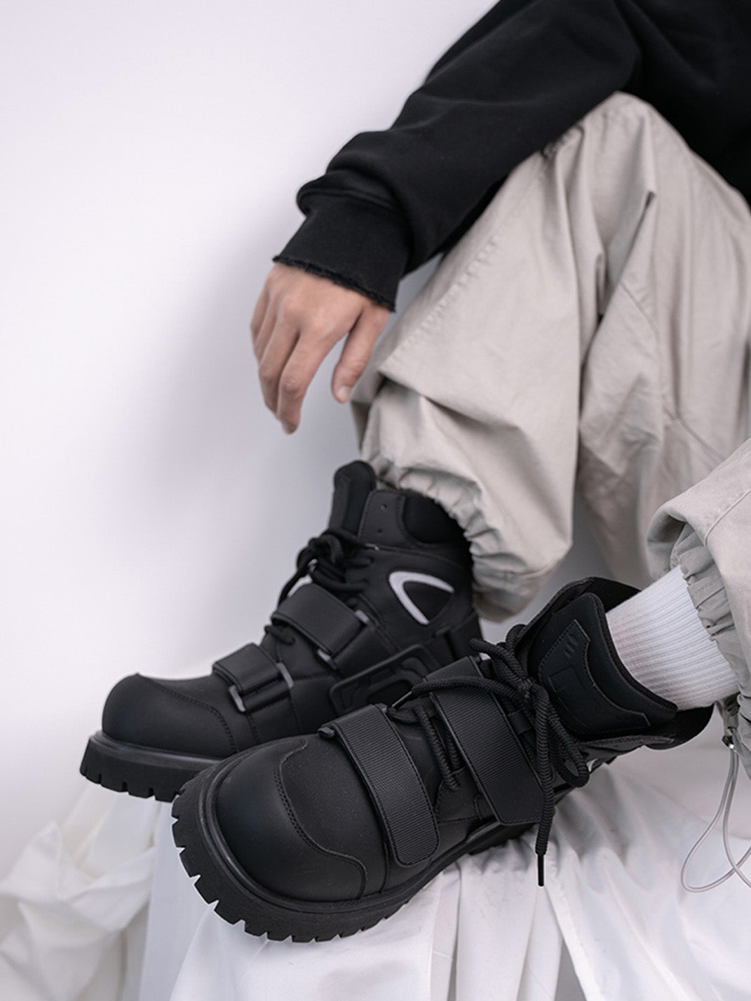 Black Velcro-Strap Lug-Sole Moto Boots