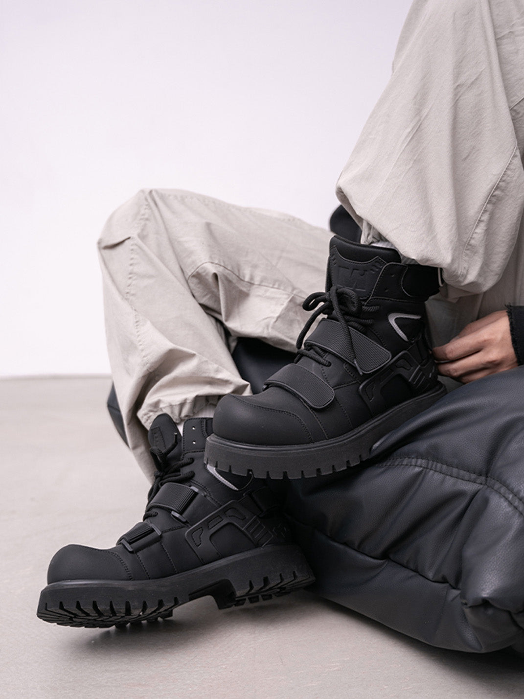 Black Velcro-Strap Lug-Sole Moto Boots