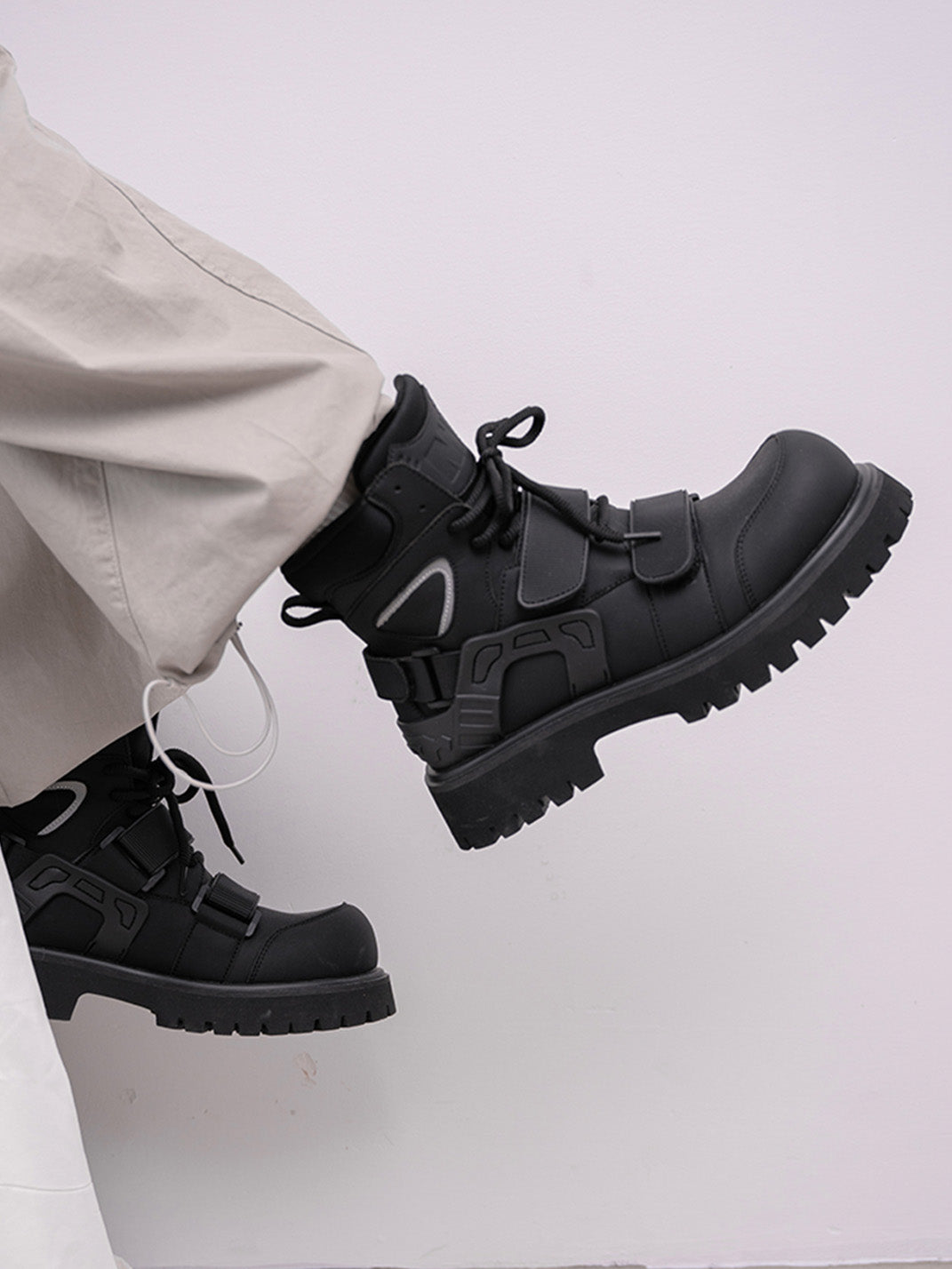 Black Velcro-Strap Lug-Sole Moto Boots