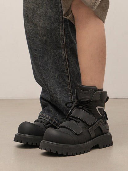 Black Velcro-Strap Lug-Sole Moto Boots