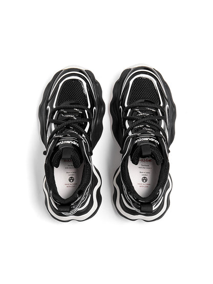 Black Wave-Sole Chunky Dad Sneakers