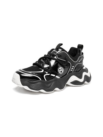 Black Wave-Sole Chunky Dad Sneakers