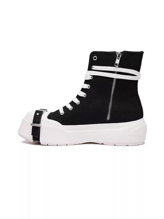Black Zip-Pocket High-Top Platform Sneakers
