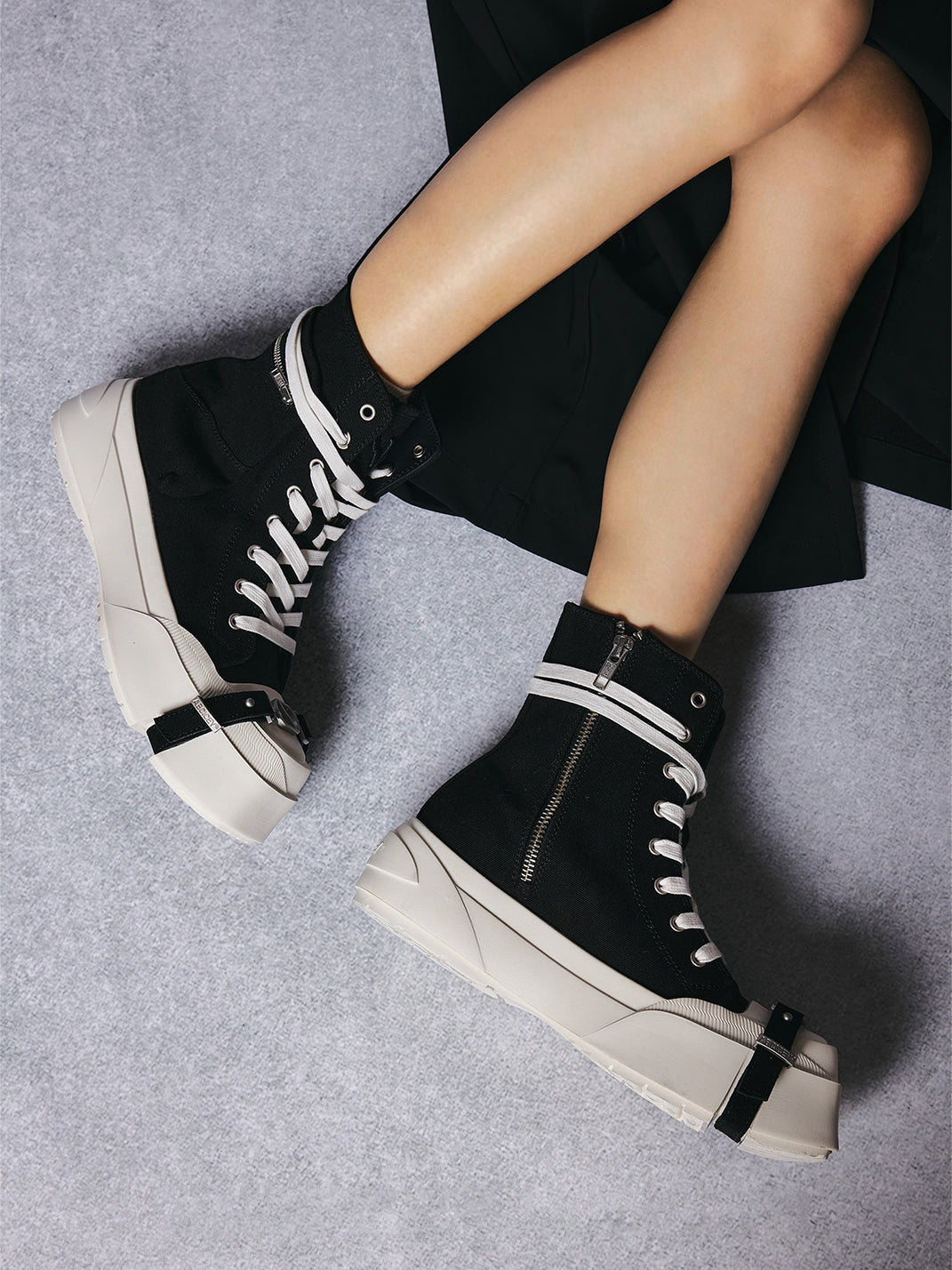 Black Zip-Pocket High-Top Platform Sneakers