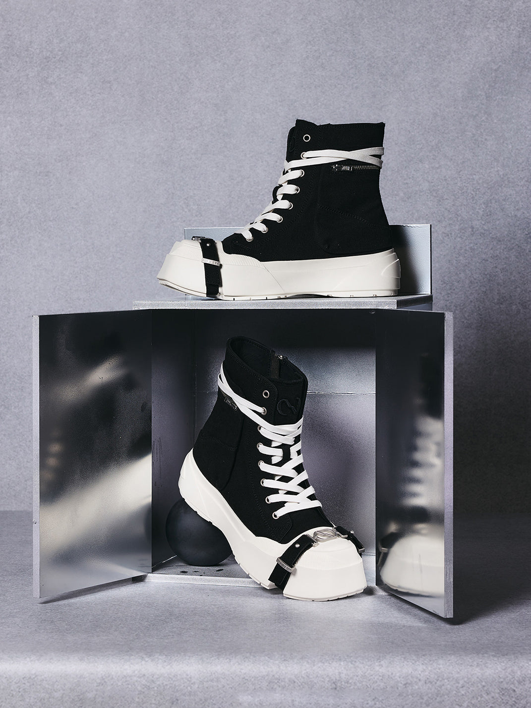 Black Zip-Pocket High-Top Platform Sneakers