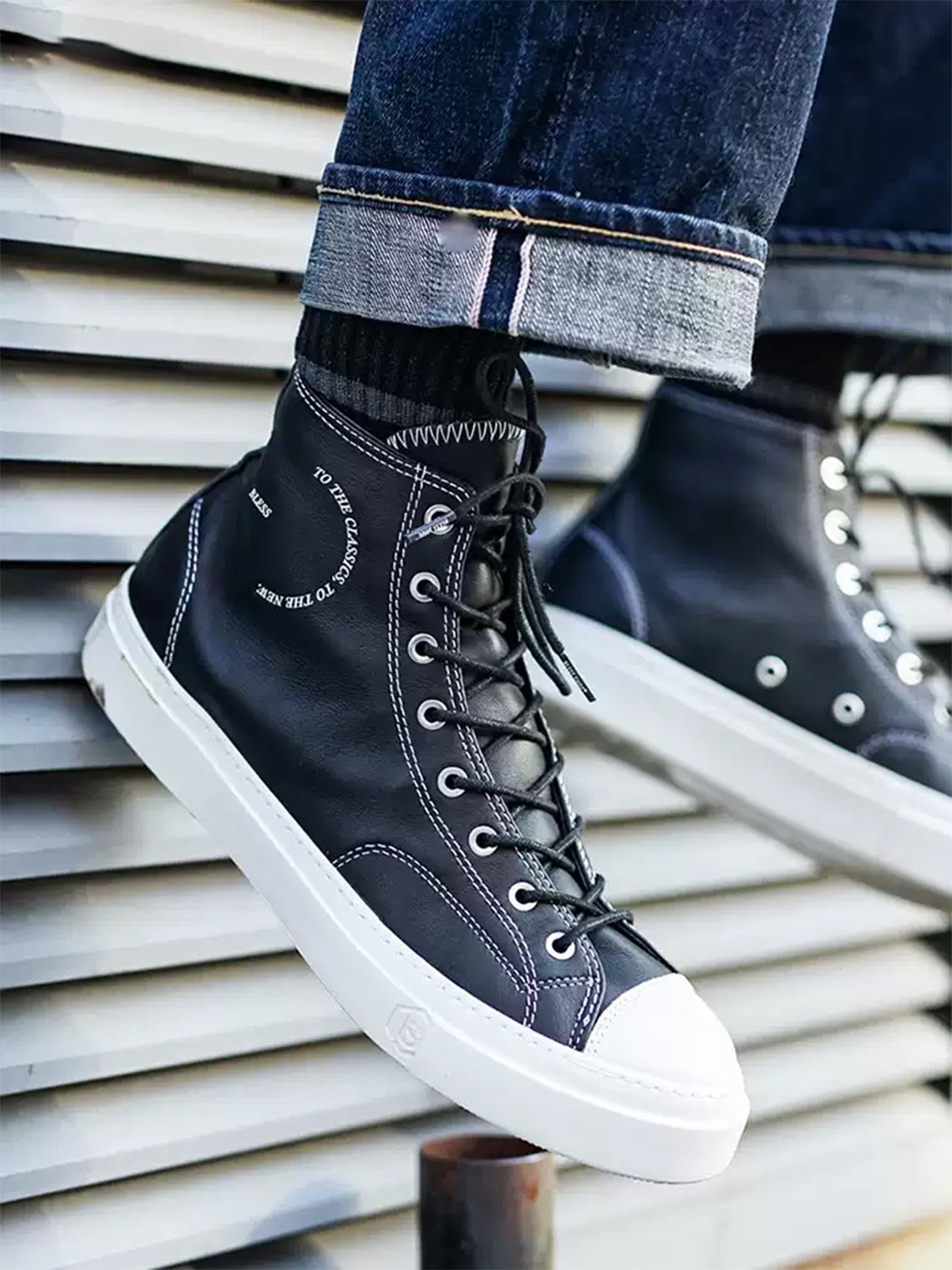 Black Contrast-Stitch Platform High-Top Sneakers