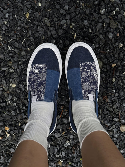 Blue Paisley Patchwork Slip-On Sneakers
