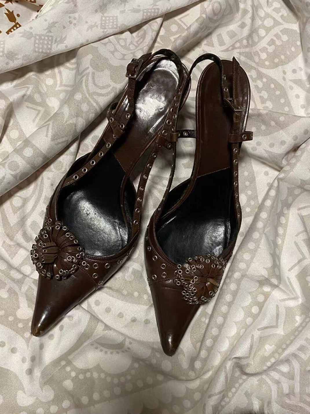 Brown Crystal-Stud Pointed Slingback Heels