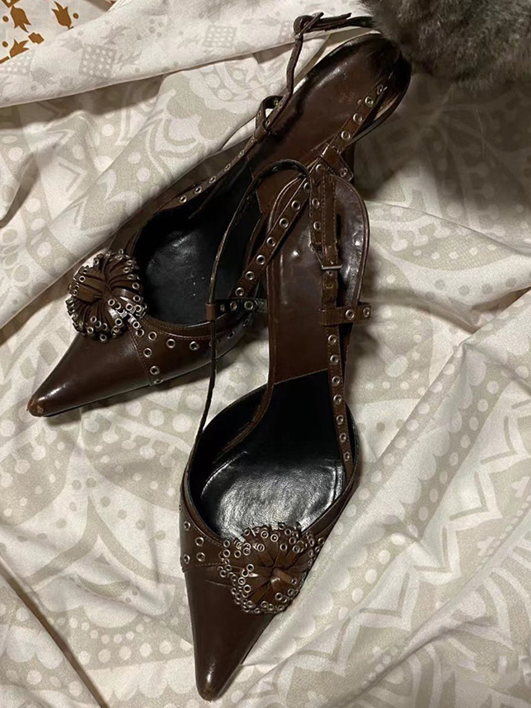 Brown Crystal-Stud Pointed Slingback Heels