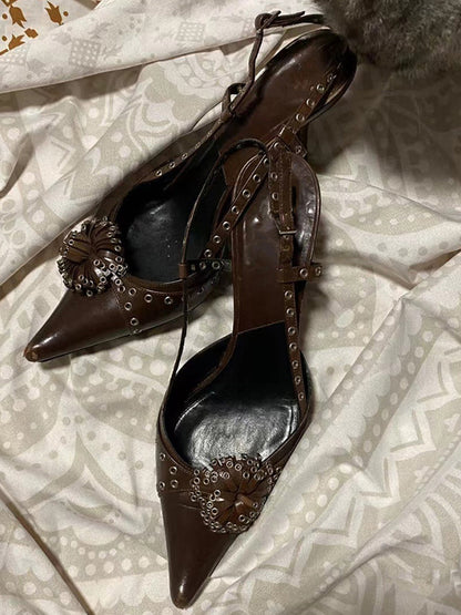 Brown Crystal-Stud Pointed Slingback Heels