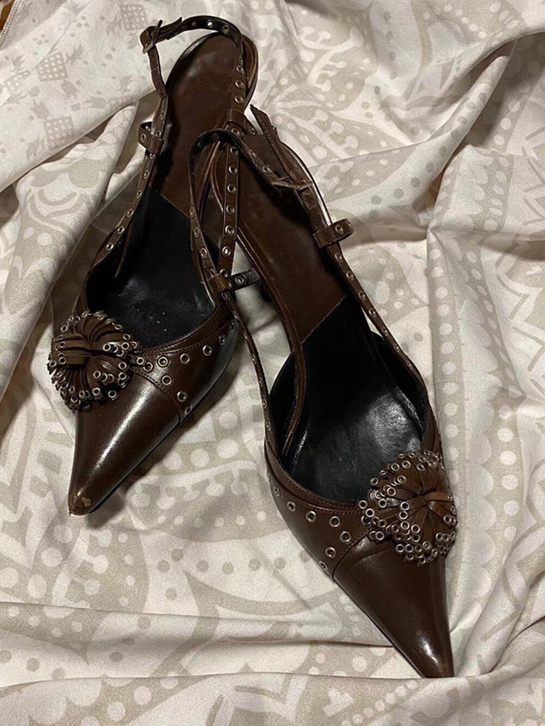 Brown Crystal-Stud Pointed Slingback Heels