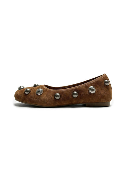 Brown Crystal-Stud Suede Ballet Flats
