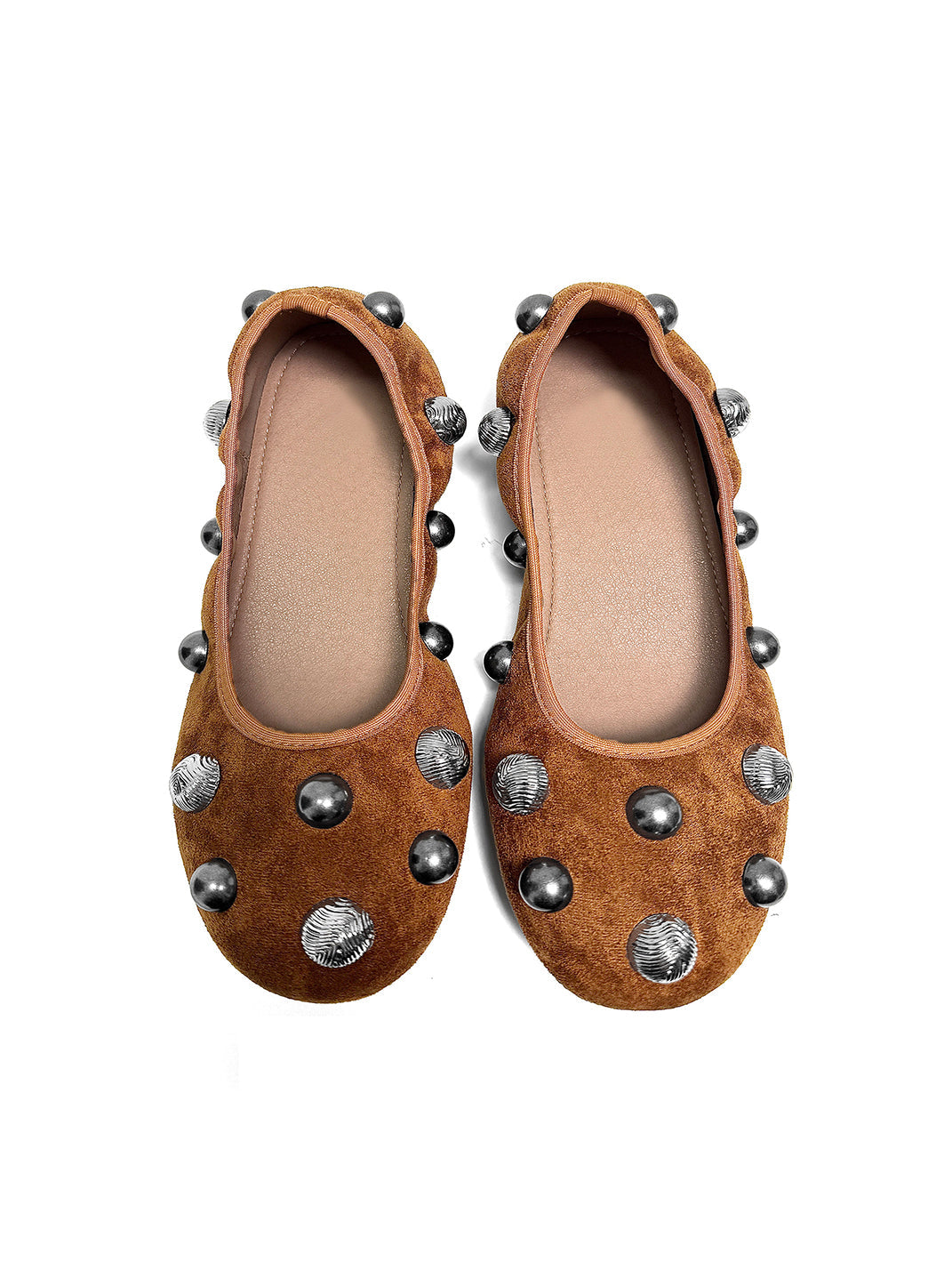 Brown Crystal-Stud Suede Ballet Flats