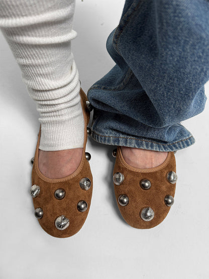 Brown Crystal-Stud Suede Ballet Flats