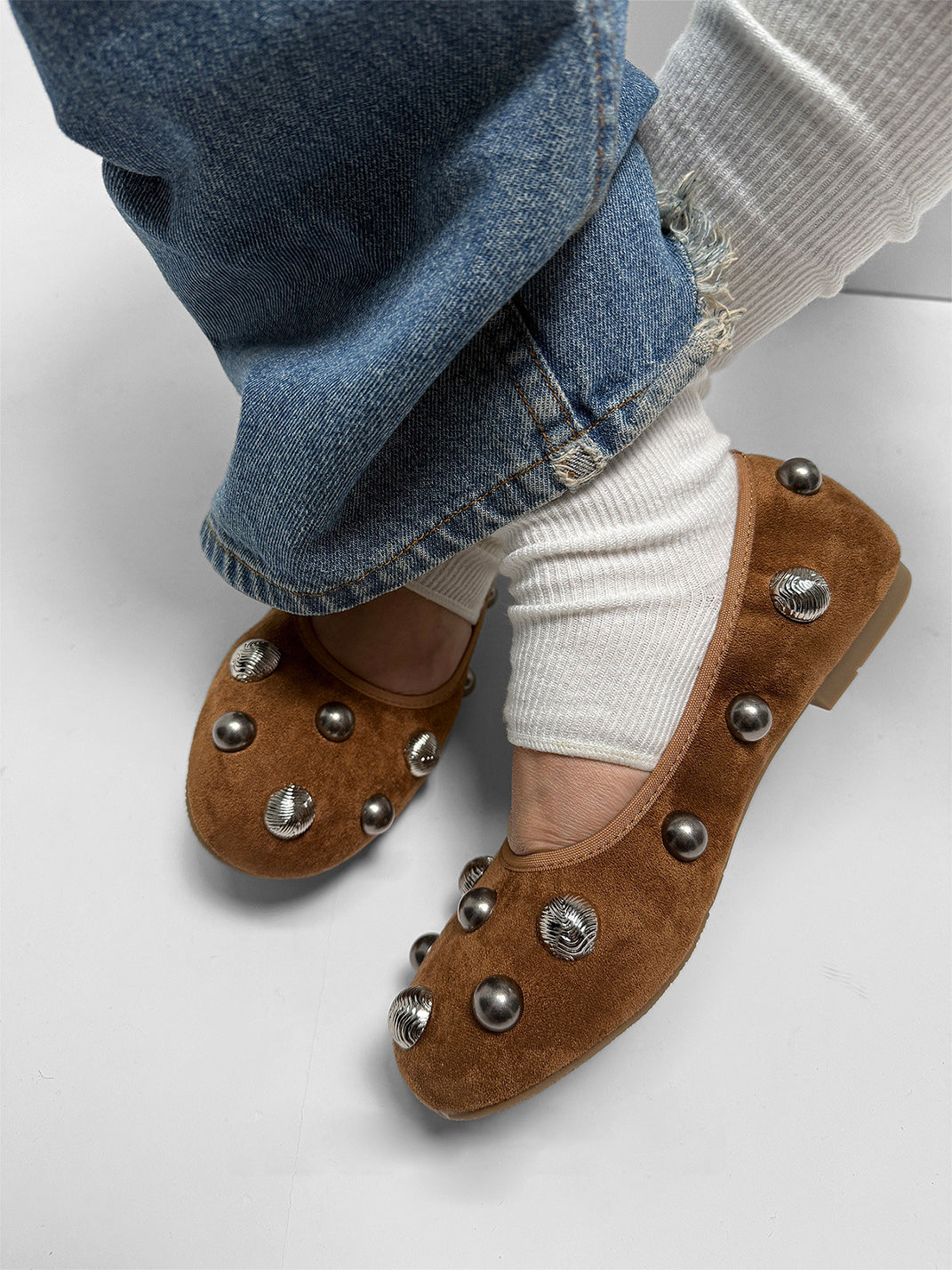 Brown Crystal-Stud Suede Ballet Flats