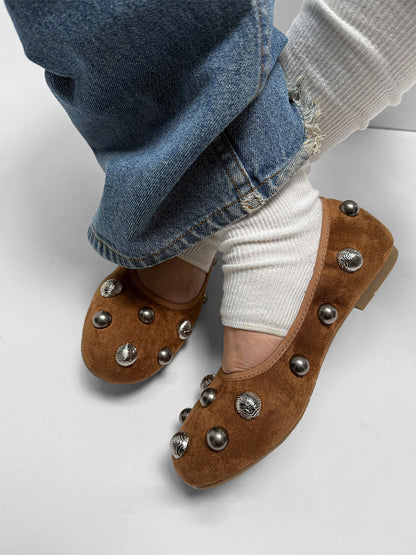 Brown Crystal-Stud Suede Ballet Flats